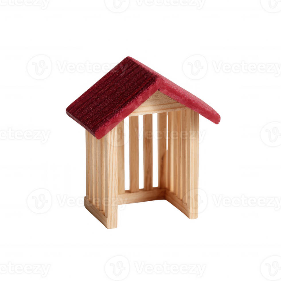 A small wooden toy house with a red roof on a white isolated background, perfect for creative play and imaginative storytelling. png