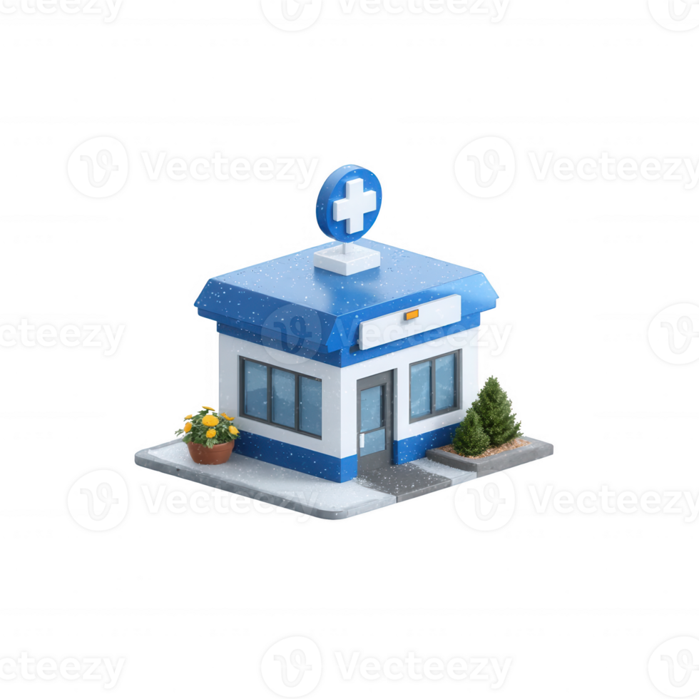 A small medical building with a blue roof and a cross symbol on top. Surrounded by potted plants, it represents healthcare services in a community setting. png