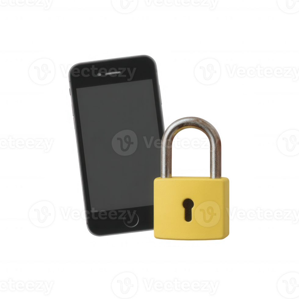 A smartphone secured with a yellow padlock, symbolizing security and protection of personal data on mobile devices. png