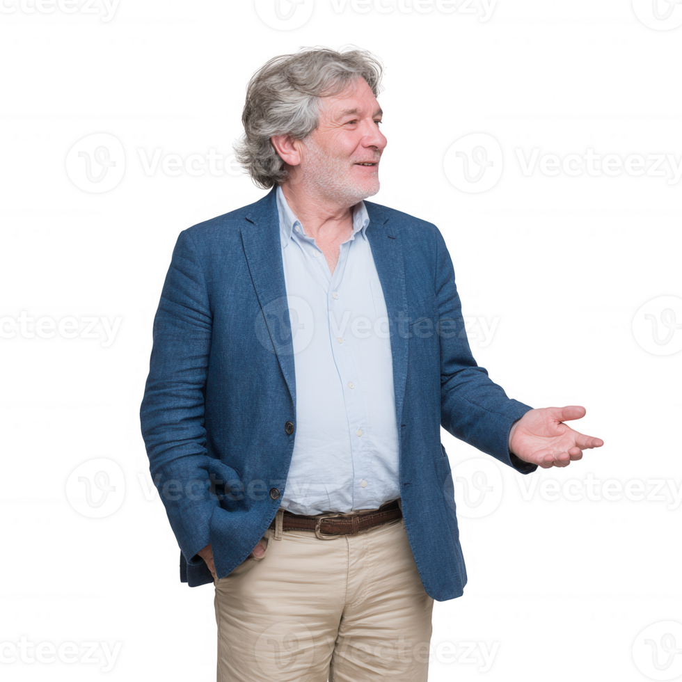 A smiling middle-aged man in a blue jacket stands confidently with one hand raised in a welcoming gesture, suggesting friendliness and approachability against a white background. png