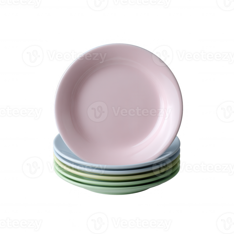 A stack of colorful ceramic plates in pastel shades, with a focus on the top pink plate against a white isolated background. png