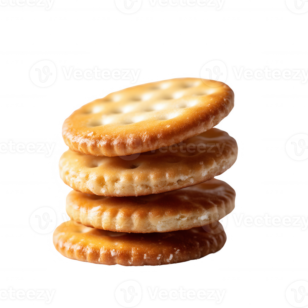 A stack of delicious golden crackers, perfect for snacking or pairing with cheese and dips. Isolated on a white background, showcasing their crispy texture and classic shape. png