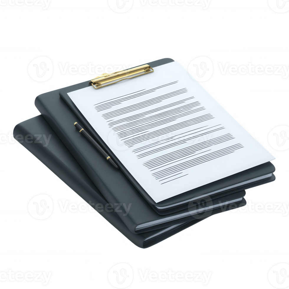 A stack of document folders with a clipboard holding a sheet of paper. The layout is neat and organized, perfect for presentations or office environments. png