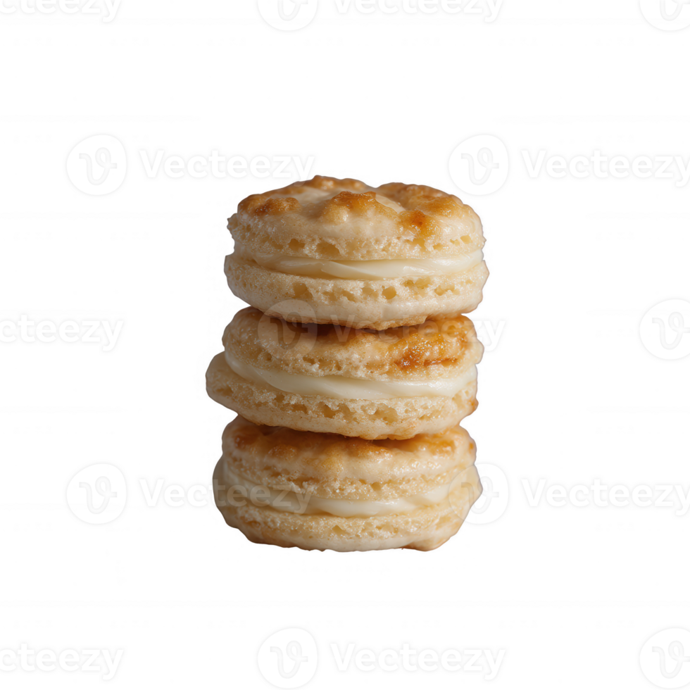A stack of fluffy, golden biscuits showcasing flaky layers. Perfect for breakfast or a delicious snack. The warm, inviting texture is sure to satisfy anyone's craving. png