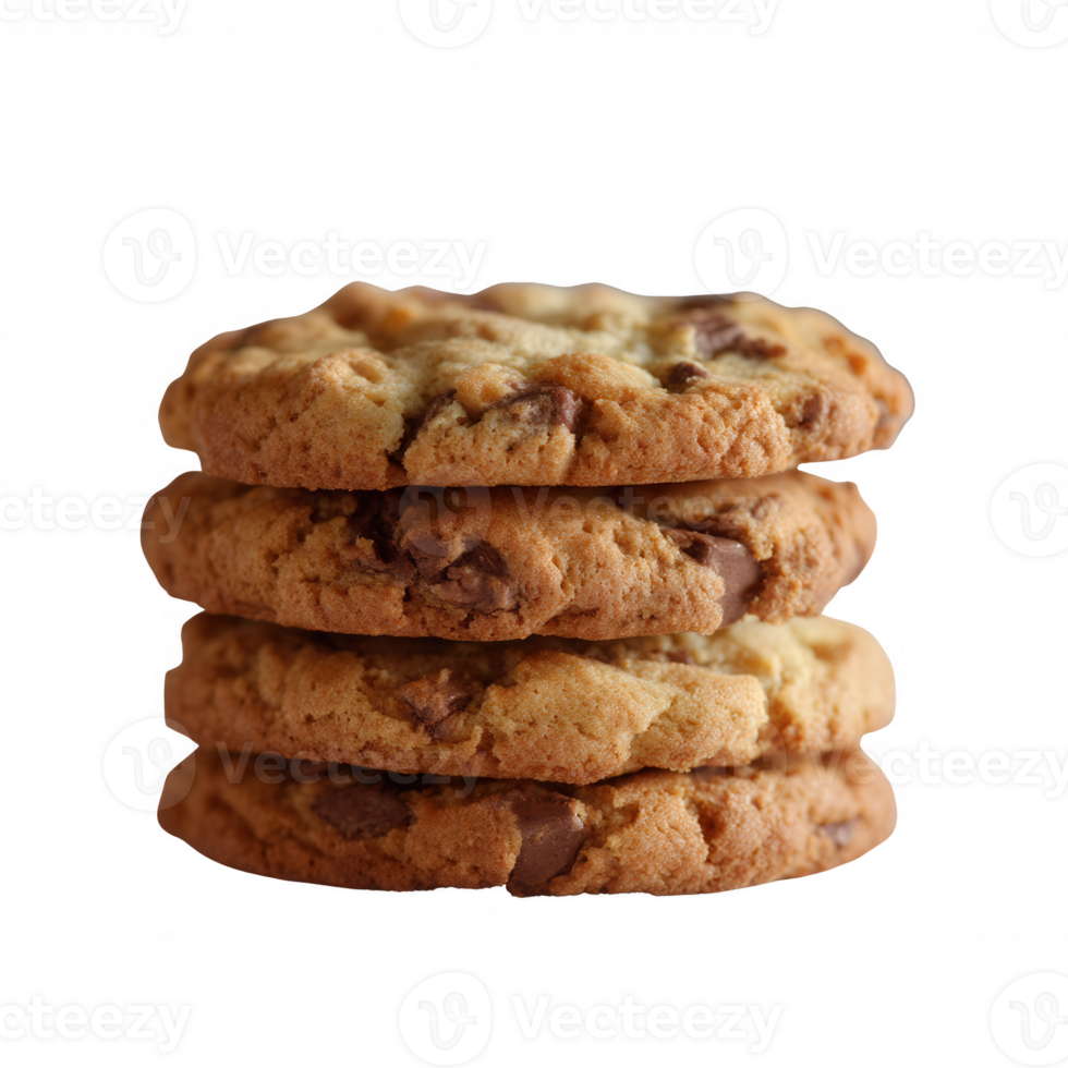 A stack of freshly baked chocolate chip cookies, golden brown and deliciously tempting, perfect for dessert or a sweet snack. png