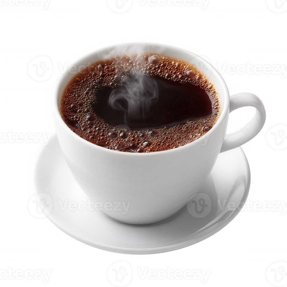 A steaming cup of black coffee in a white ceramic mug, placed on a matching saucer, isolated on a white background, perfect for morning freshness or coffee-related themes. png