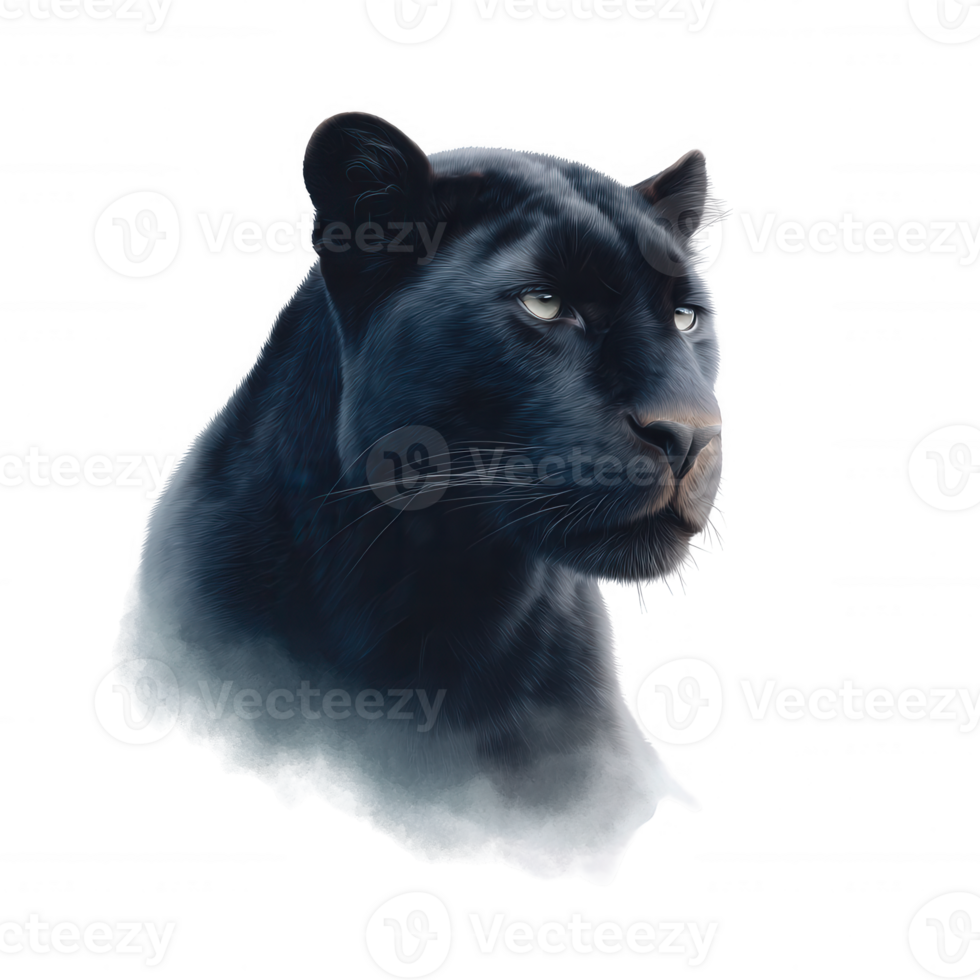 A striking portrait of a black panther, showcasing its powerful features and intense gaze against a white background. png