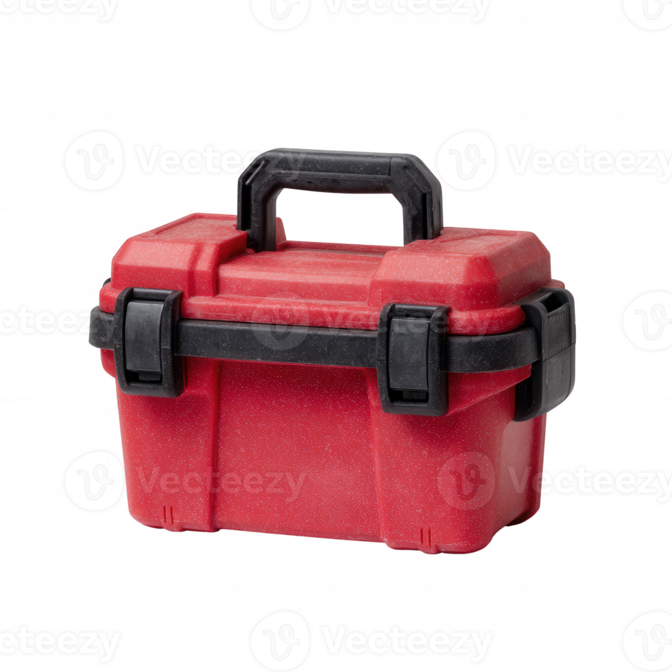 A sturdy red toolbox featuring a black handle and clasps, perfect for organizing and storing tools, isolated on a white background. png