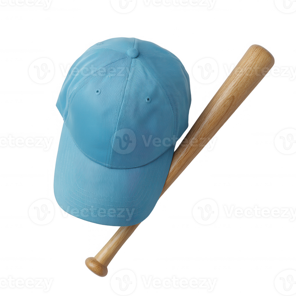 A stylish blue baseball cap positioned next to a wooden baseball bat, isolated on a white background, perfect for sports and leisure themed projects. png