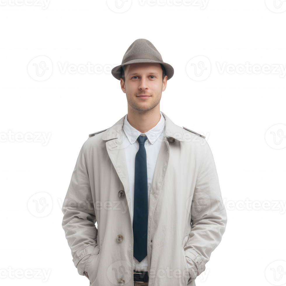 A stylish man in a light trench coat and hat, standing confidently with a neutral expression against a white backdrop. png