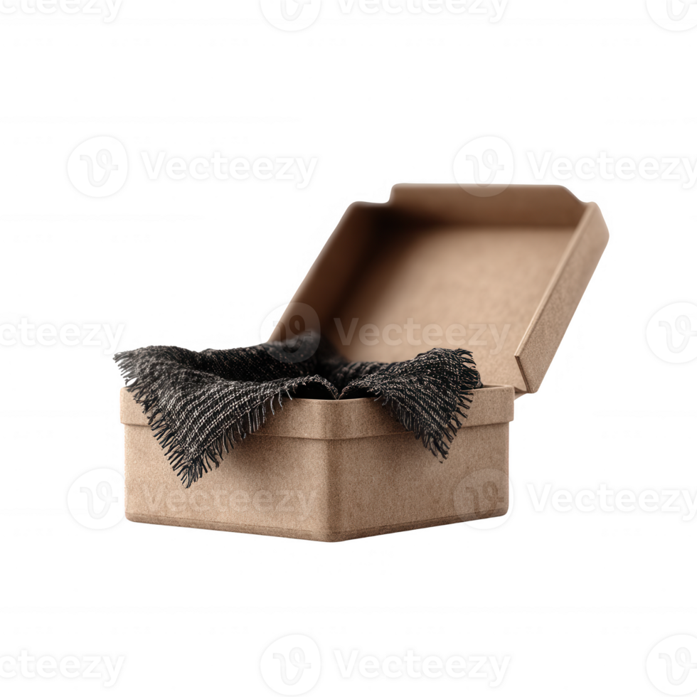 A stylish open gift box with a textured cloth insert, elegantly displayed on a white isolated background, perfect for showcasing presents or branding concepts. png