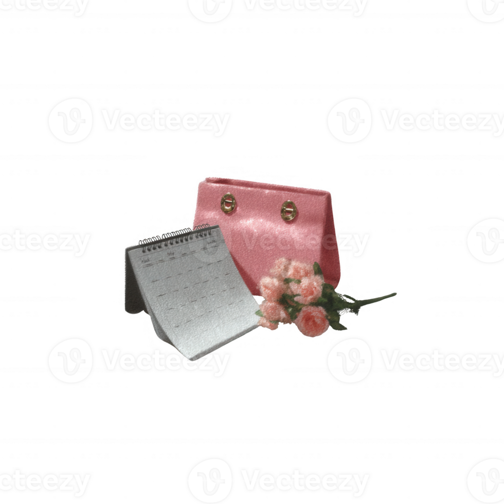 A stylish pink purse, calendar, and bouquet of flowers presented against a white isolated background, perfect for showcasing elegance and organization in daily life. png