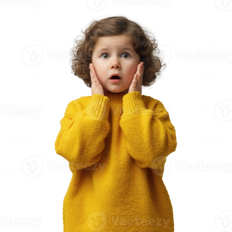 A surprised child with curly hair wearing a yellow sweater, showing a look of shock or astonishment, isolated on a white background. png