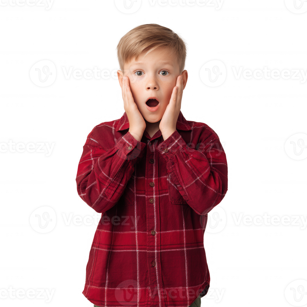 A surprised young boy in a red plaid shirt, with wide eyes and hands on his cheeks, expressing astonishment against a white isolated background. png