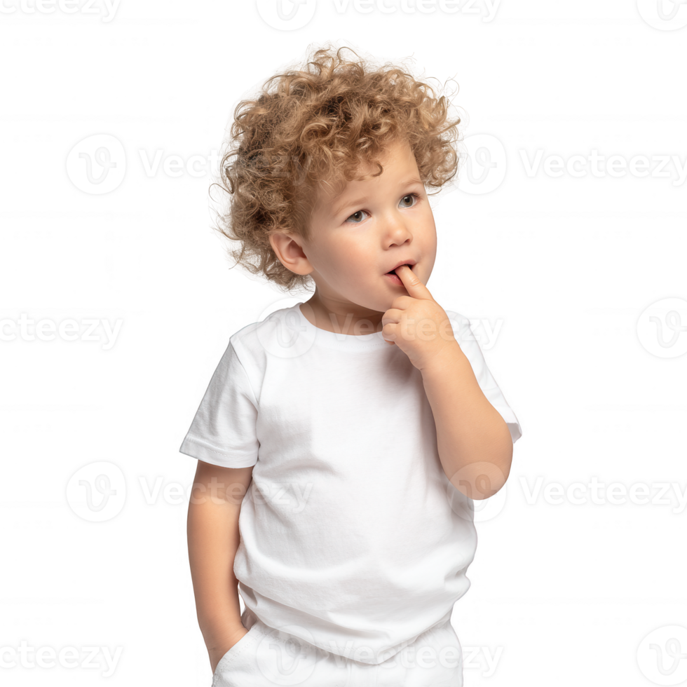 A thoughtful young boy with curly hair, dressed in a plain white t-shirt, standing against a white background, with a finger in his mouth, conveying curiosity and innocence. png