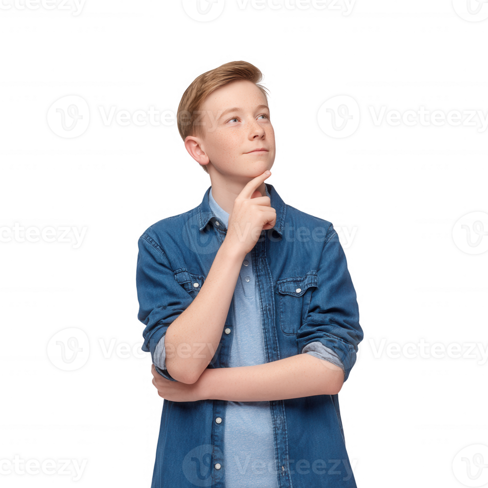 A thoughtful young boy in a denim shirt, looking up and pondering. Isolated on a white background, capturing a moment of curiosity and contemplation. png