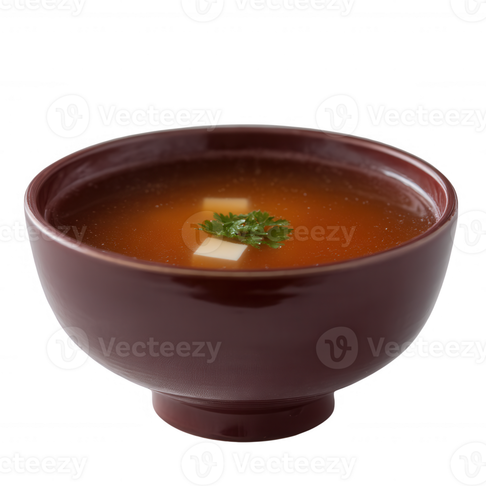 A traditional bowl of savory soup featuring diced tofu and fresh herbs, beautifully presented in a rich wooden bowl against a white isolated background. png