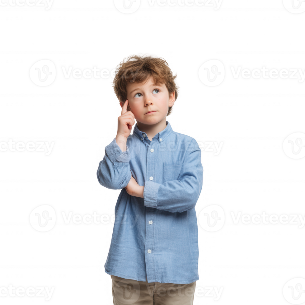A thoughtful young boy with curly hair poses, hand on chin, deep in thought, wearing a light blue shirt. Isolated on a white background for versatile use. png