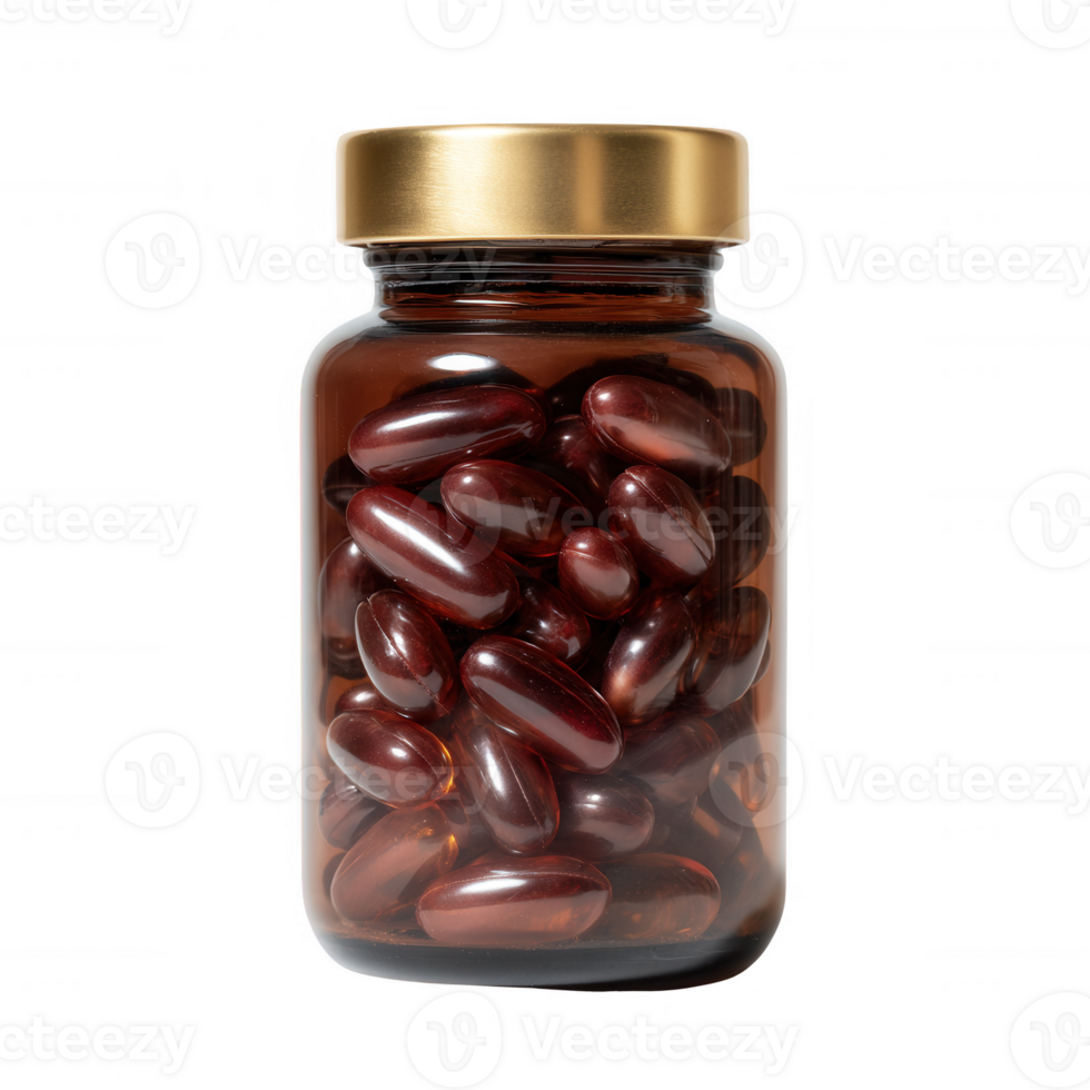A transparent jar containing glossy red capsules, showcasing their vibrant color against a clean, white background, perfect for health and wellness concepts. png