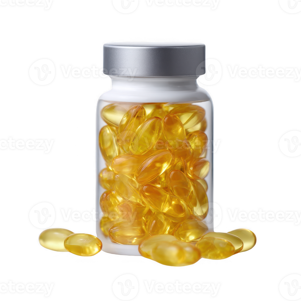 A transparent bottle filled with golden capsules, some capsules scattered around the bottle. Perfect for health and wellness themes. png