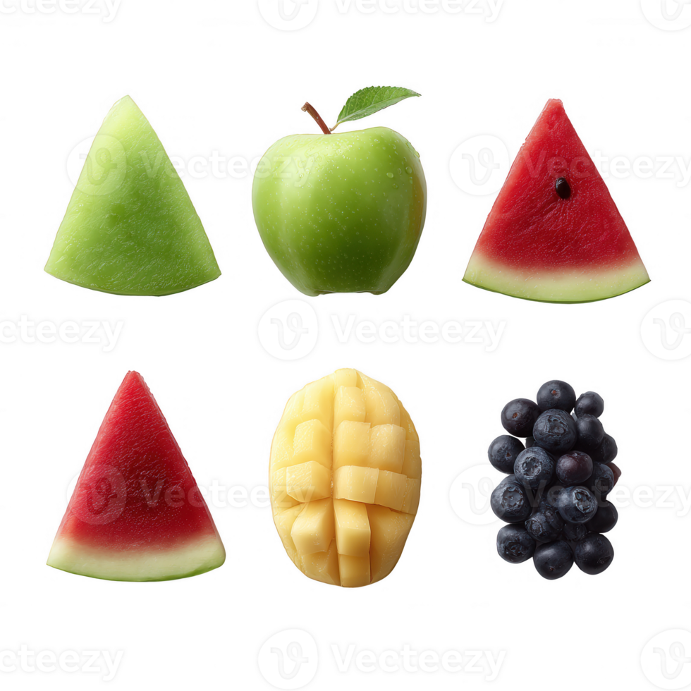 A vibrant assortment of fresh fruits, including watermelon, apple, mango, and blueberries, arranged against a white isolated background. png