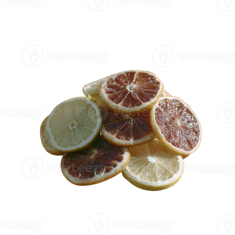 A vibrant pile of assorted dried citrus slices including lemons and blood oranges, showcasing unique textures and colors against a white isolated background. png