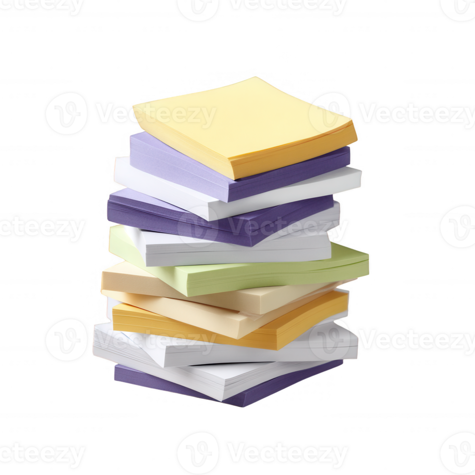 A vibrant stack of colorful sticky notes, featuring various shades of yellow, purple, green, and white, ideal for office environments and organizational tasks. png