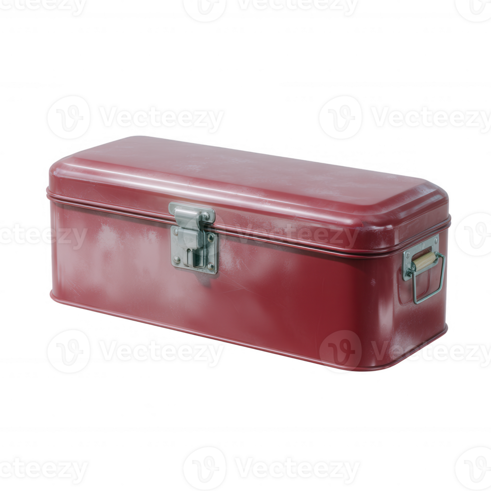 A vintage red toolbox with a metal latch, perfect for organizing tools or crafting supplies, showcasing a nostalgic design and sturdy construction against a white isolated backgrou png