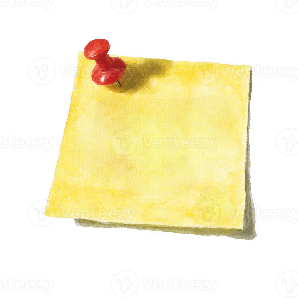 A vibrant yellow sticky note with a red push pin attached, isolated on a white background. Perfect for reminders, messages, or creative projects. png