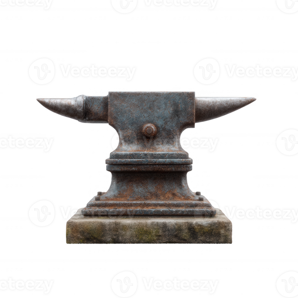A weathered anvil on a white isolated background, showcasing its rustic texture and sturdy design, perfect for illustrations related to blacksmithing and metalworking. png