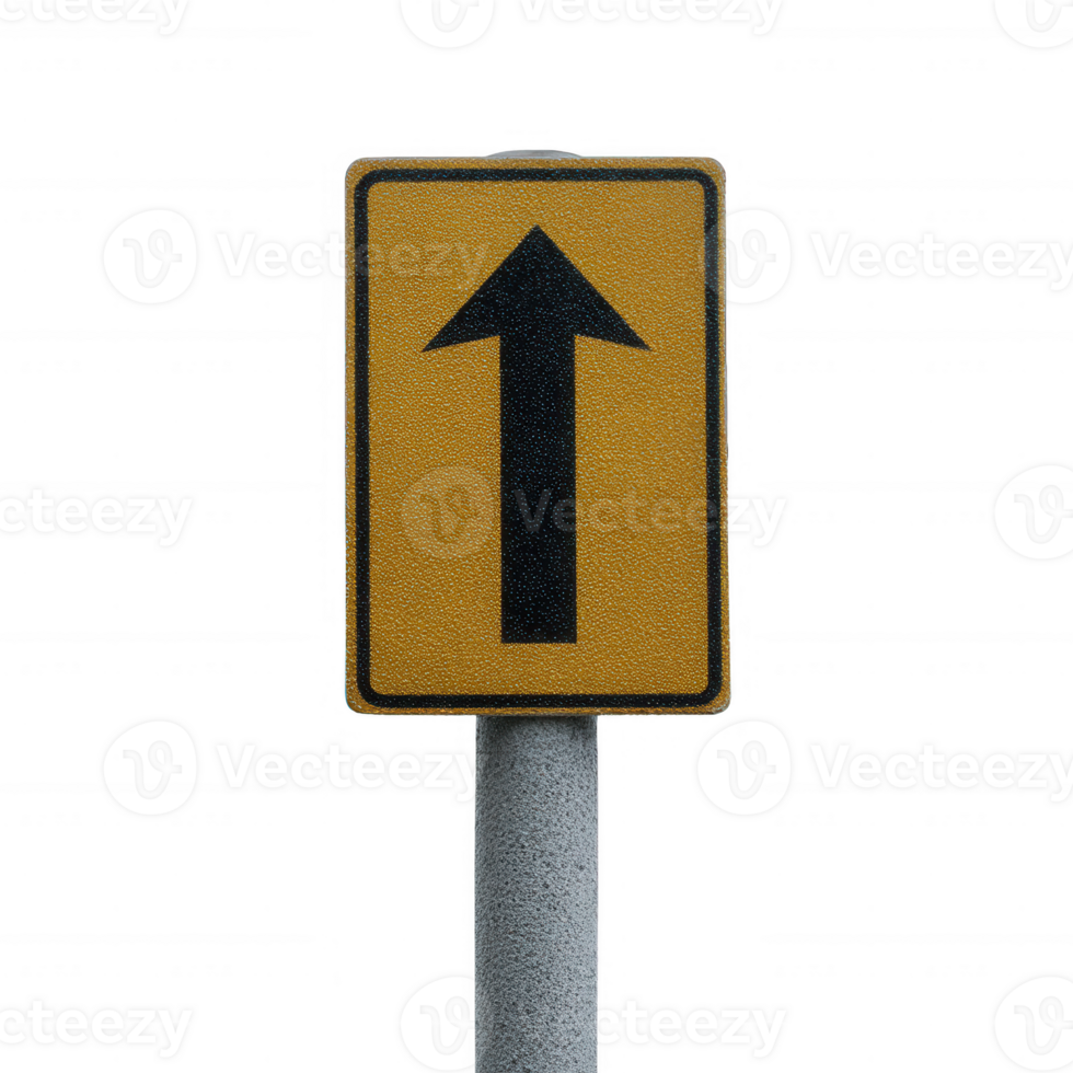 A weathered yellow traffic sign indicating a straight direction. Isolated on a white background, it highlights road safety and navigation. png