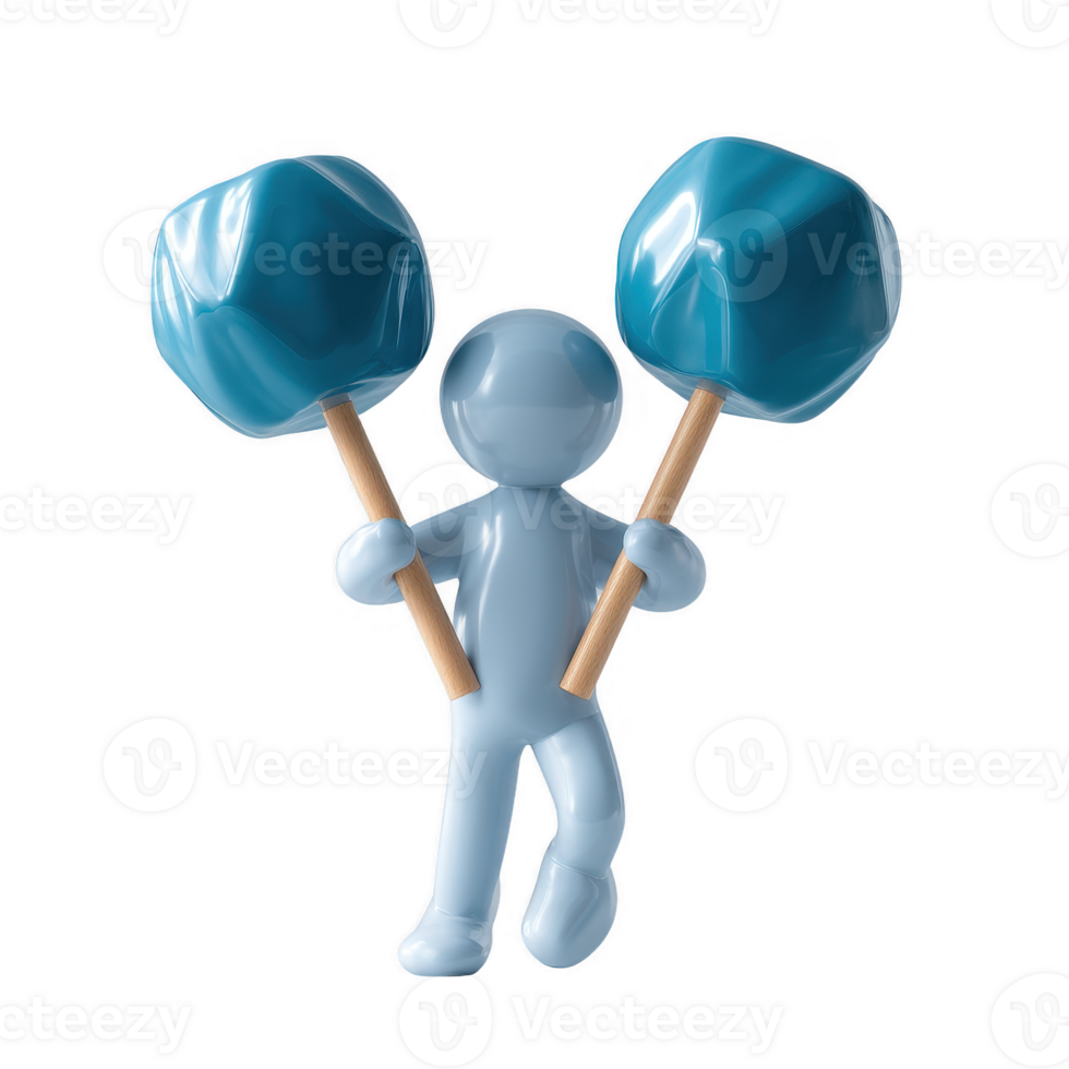 A whimsical blue character holding two turquoise weights, representing fitness and fun. Ideal for sports, exercise, or motivational themes. Isolated on a white background. png