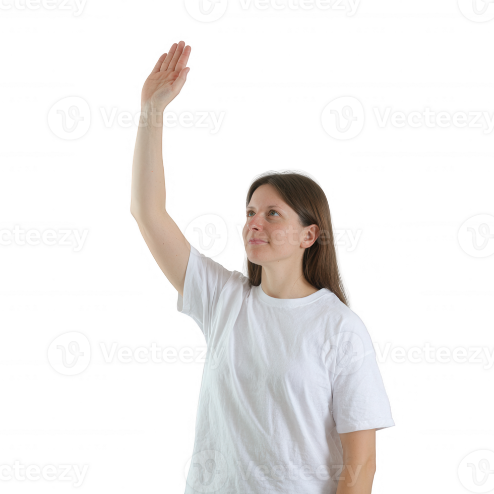 A woman in a white t-shirt raising her hand in a gesture of greeting or signaling. Isolated on a white background, capturing a moment of engagement and positivity. png