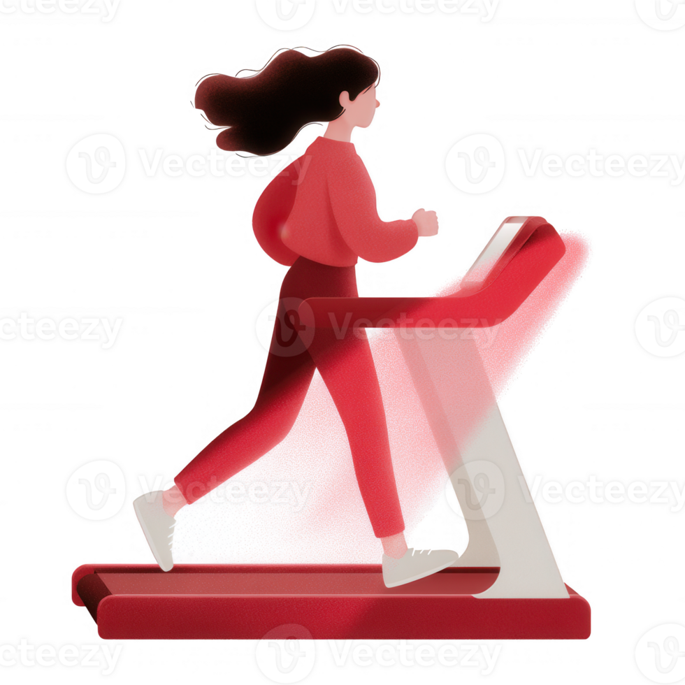 A woman jogging on a treadmill, showcasing an active lifestyle. Ideal for fitness-related themes and healthy living concepts. png