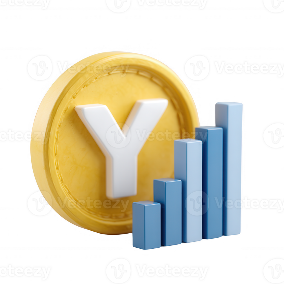 A yellow coin with a white letter 'Y' and blue bar graph rising, symbolizing financial growth and investment opportunities. Ideal for business and finance themes. png