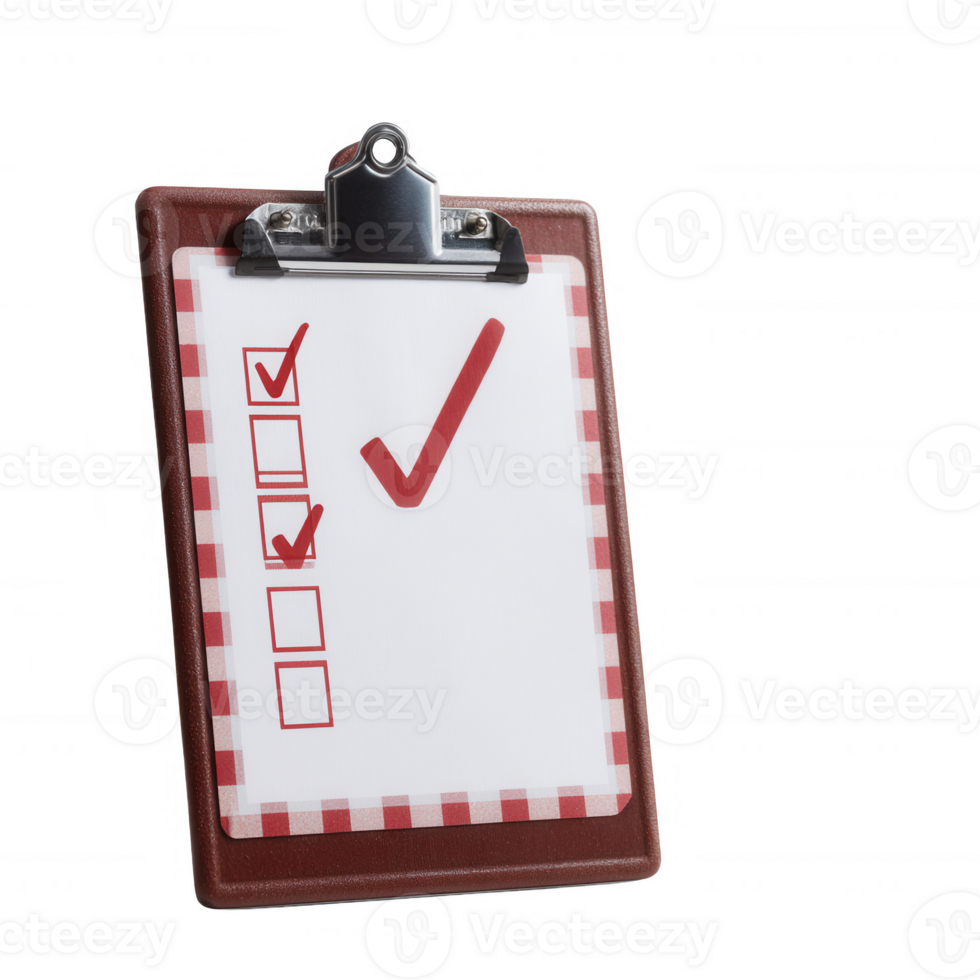 A wooden clipboard with a checklist featuring check marks on a white background, symbolizing organization, efficiency, and task management. png