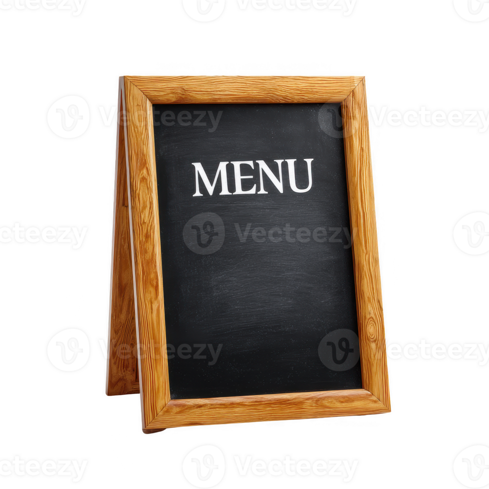 A wooden framed chalkboard menu sign, standing upright, with the word 'MENU' elegantly displayed on a black background. Perfect for restaurants or cafes to showcase offerings. png
