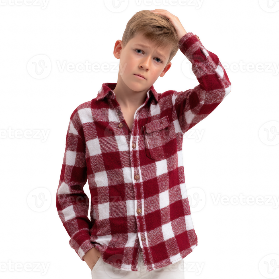 A young boy looks puzzled while scratching his head, dressed in a red and white checkered shirt. The image features a white isolated background. png