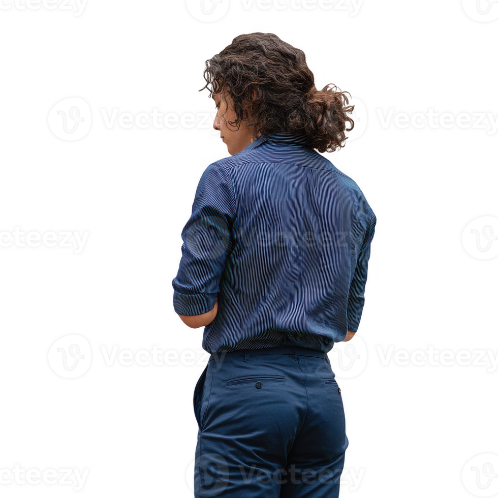 A young adult with curly hair wearing a casual outfit, standing with their back to the viewer, isolated on a white background. png