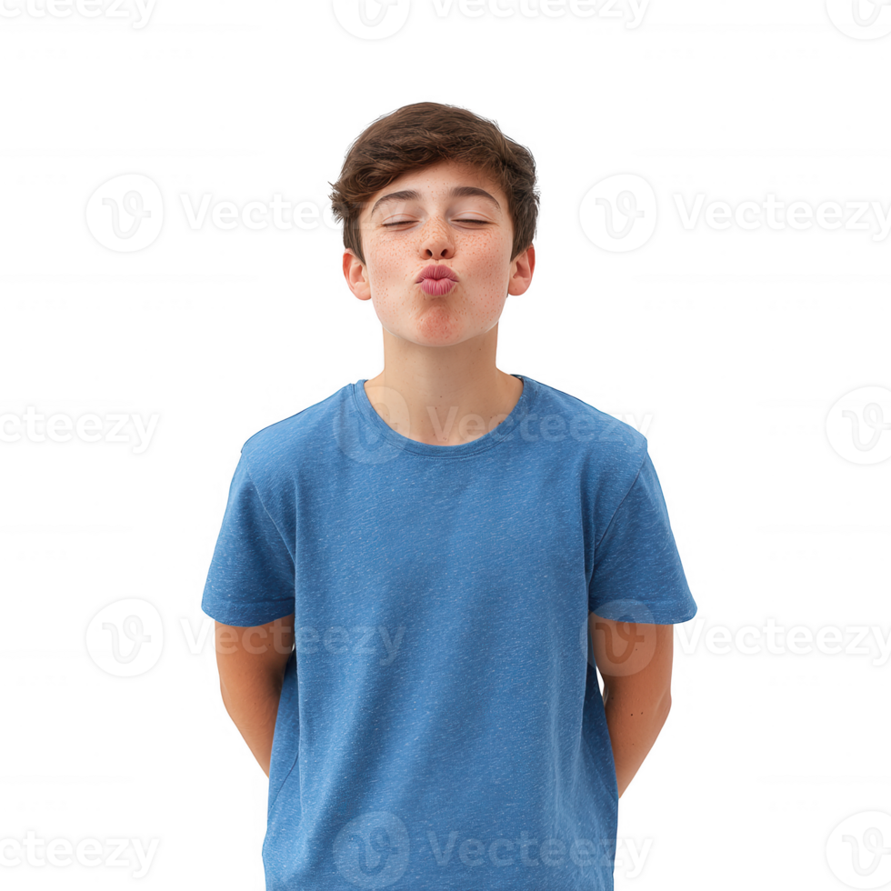 A young boy making a playful kissing face, wearing a blue t-shirt, with hands behind his back, set against a white isolated background. png