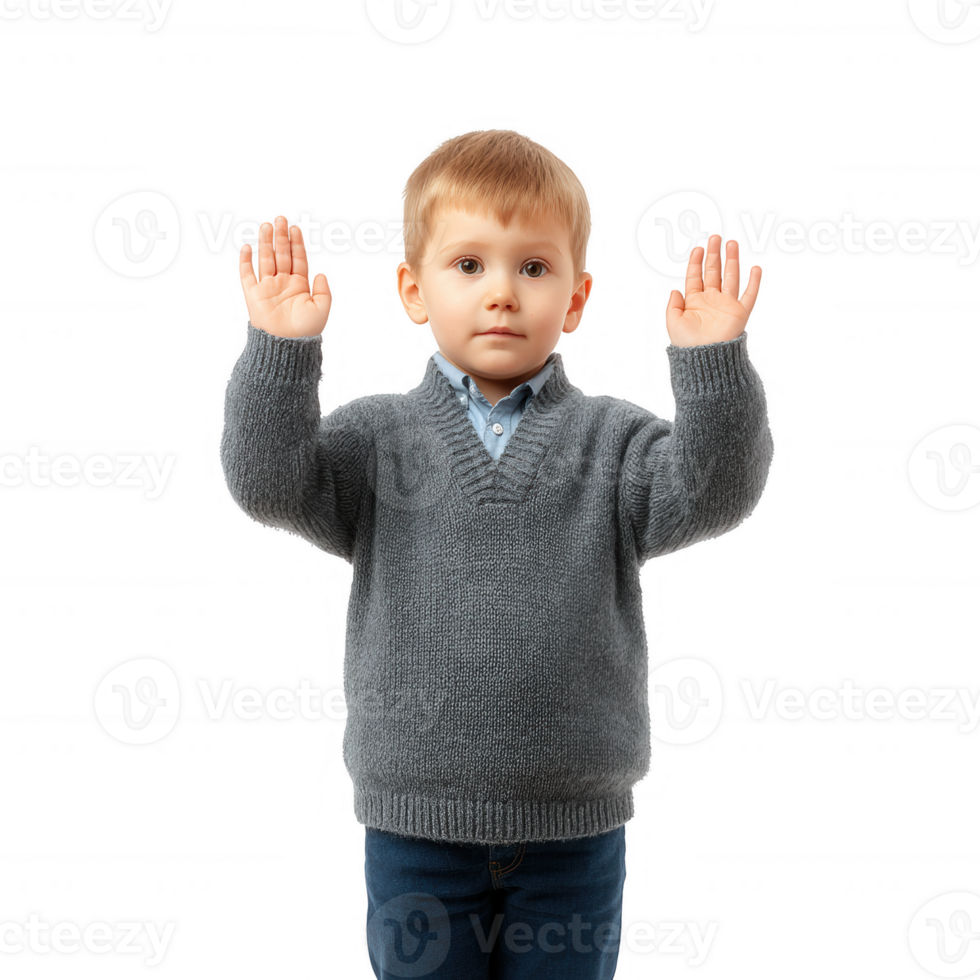 A young boy raises his hands with a neutral expression, wearing a gray sweater and a light blue shirt. The background is completely white, emphasizing his pose. png