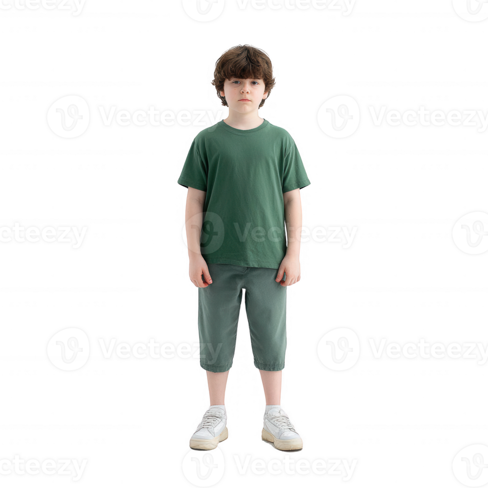 A young boy standing straight in a green t-shirt and light pants, looking directly at the camera with a neutral expression, isolated on a white background. png