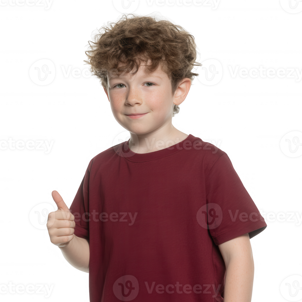 A young boy with curly hair giving a thumbs up gesture, expressing positivity and happiness. Isolated on a white background. png