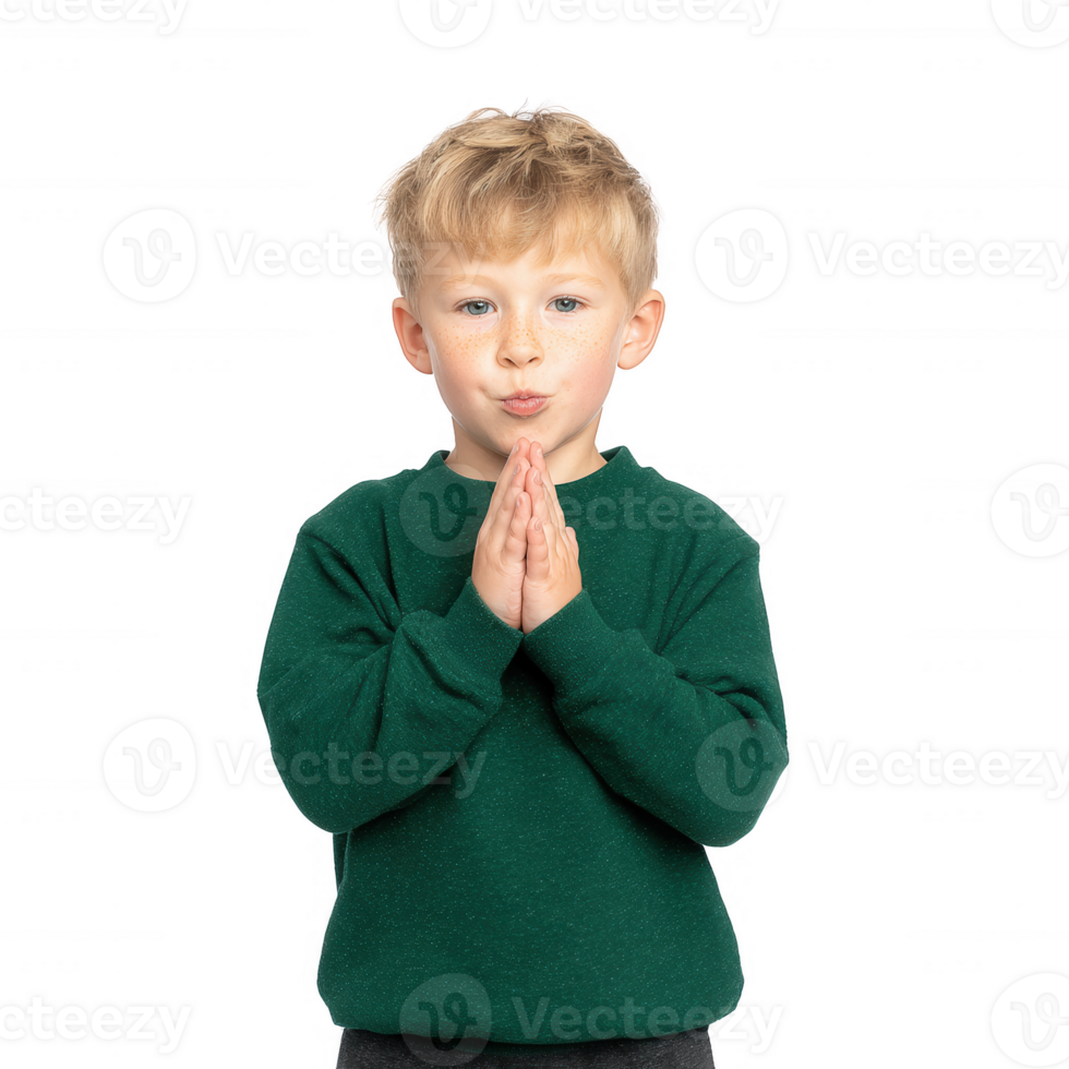 A young child in a green sweater, with hands clasped together in a gesture of contemplation or prayer, smiling softly against a white isolated background. png