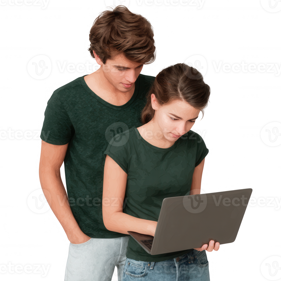 A young couple collaborates on a laptop, showcasing teamwork and modern technology. They are casually dressed and immersed in their task, creating a warm and engaging atmosphere. png