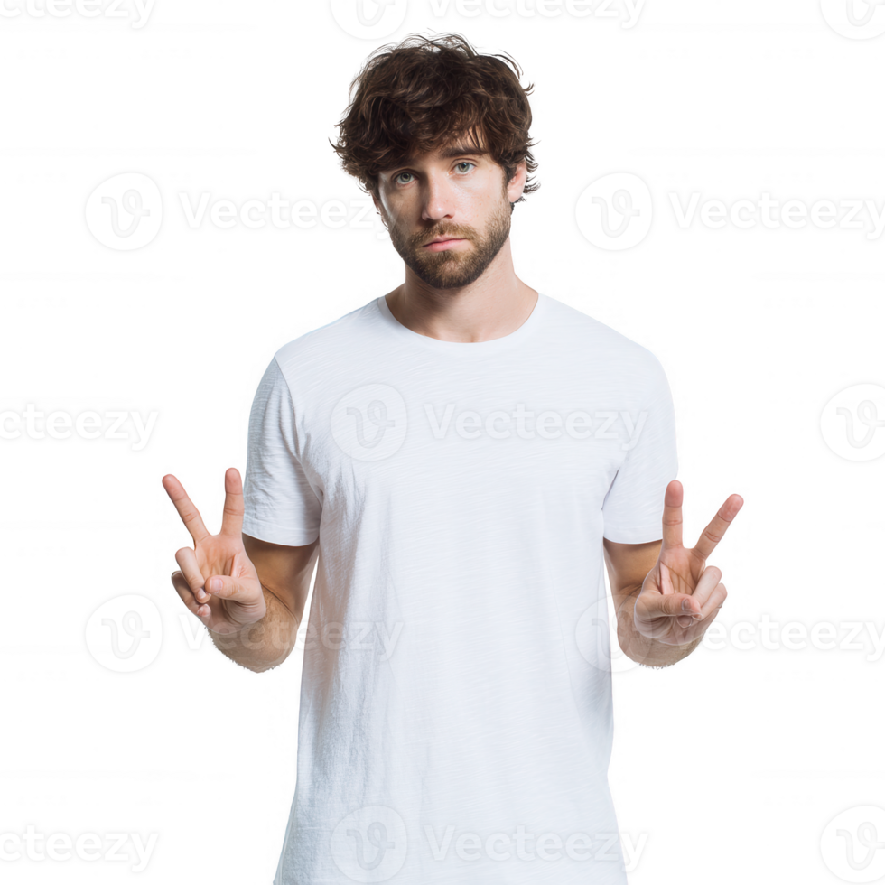 A young man making a peace gesture with both hands, wearing a plain white t-shirt, with a neutral expression on a white isolate background. png