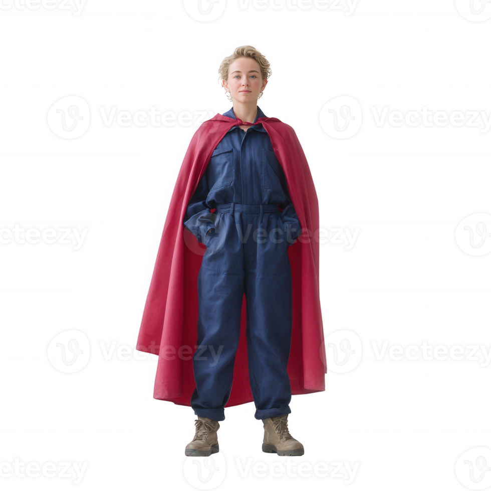 A young person wearing a superhero cape poses confidently. The outfit's bright colors contrast against the white background, creating a vibrant and empowering image. png