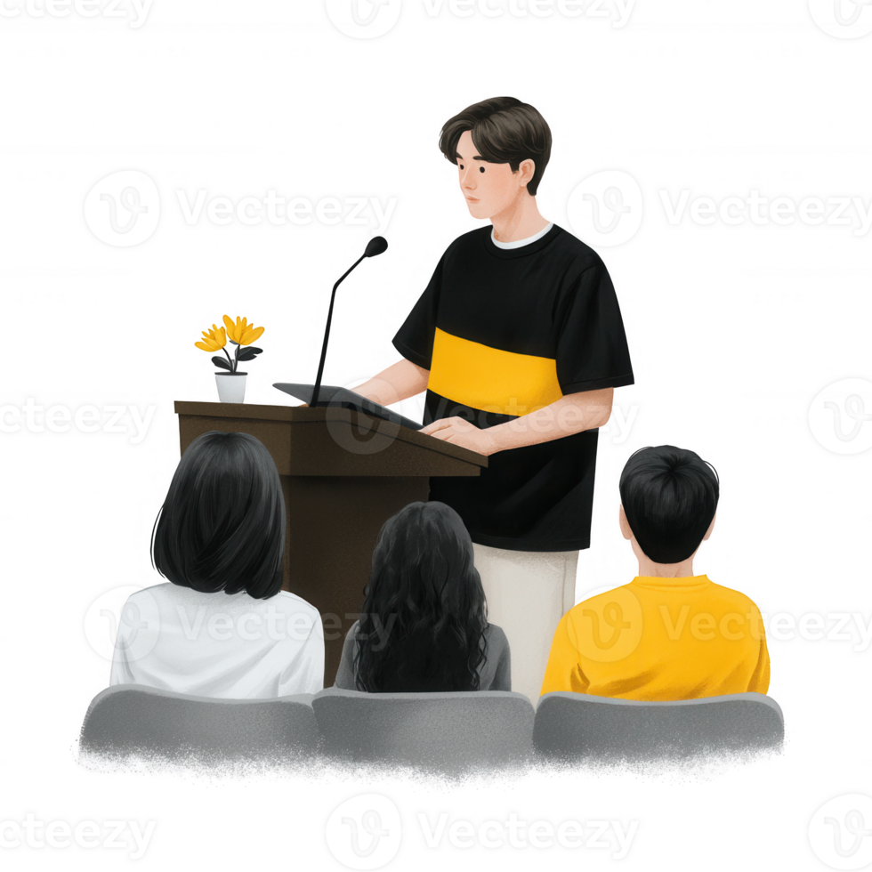 A young speaker delivers a presentation to an audience. The speaker stands confidently at a podium, engaging the listeners who show interest and attentiveness. png