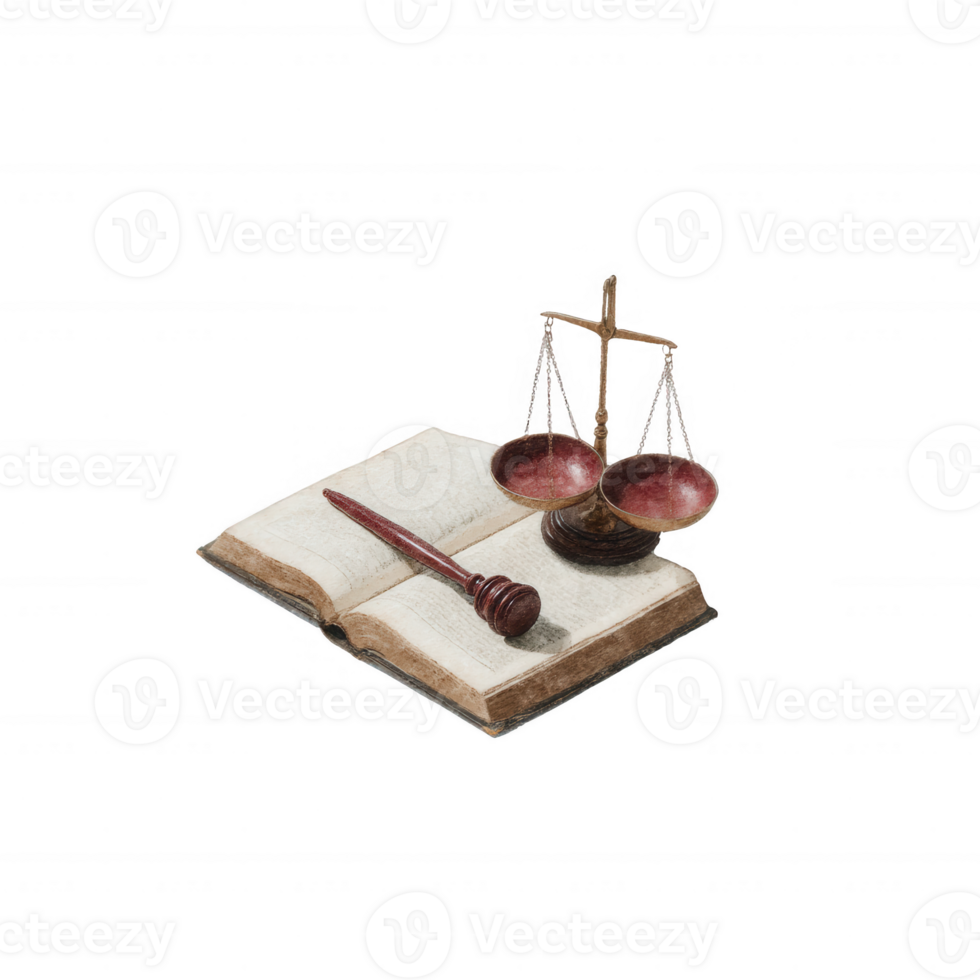 An artistic representation of a law book with a gavel and scales of justice, symbolizing the legal profession and justice system, white isolated background. png