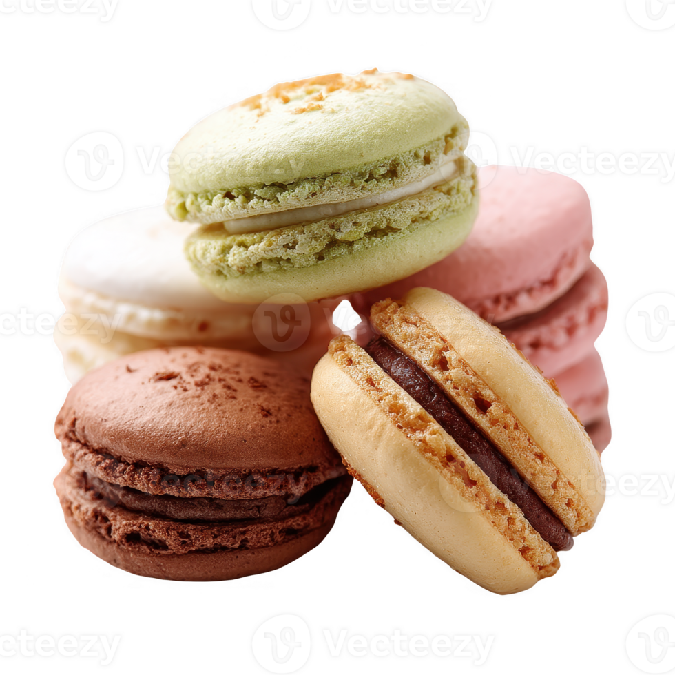 An assortment of colorful macarons stacked together, showcasing their delicate textures and vibrant hues against a white isolate background. png